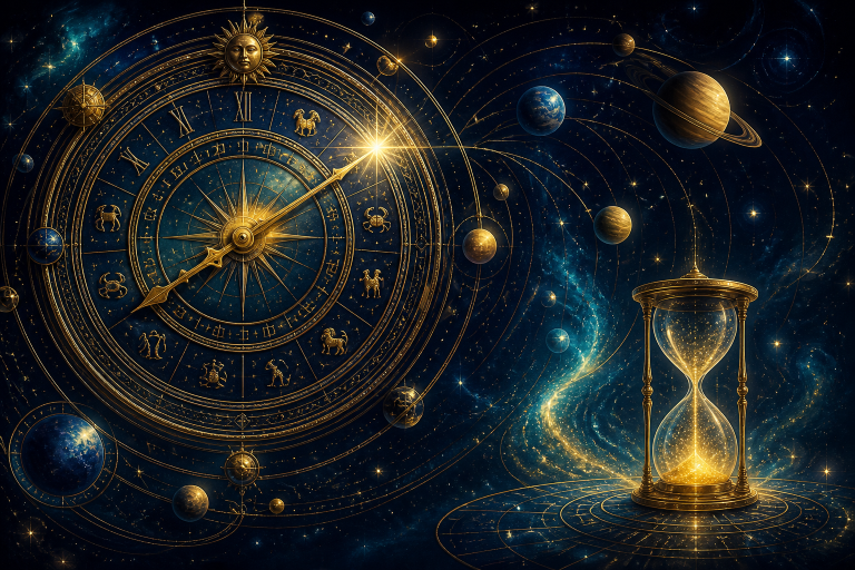 Seçimsel Astroloji ve Zamanlama Danışmanlığı kapak görseli: uğurlu anı gösteren göksel saat ve yörüngeler