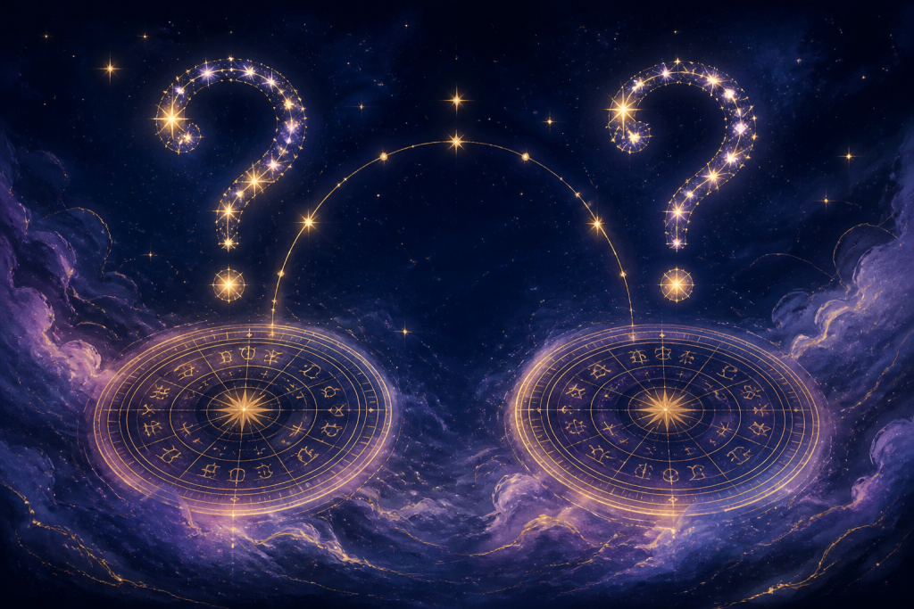 Horary Astroloji İki Soru kapak görseli: iki soru sembolü ve bağlantılı ikiz harita çarkları