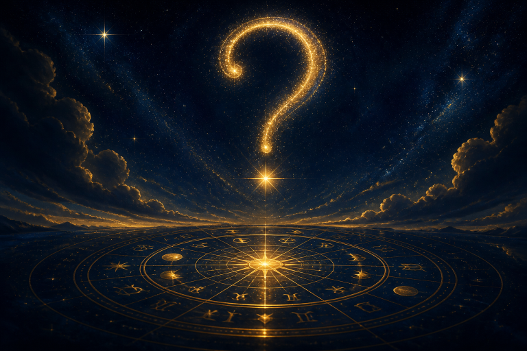 Horary Astroloji Tek Soru kapak görseli: soru anında donmuş ışıltılı harita çarkı ve tek soru sembolü