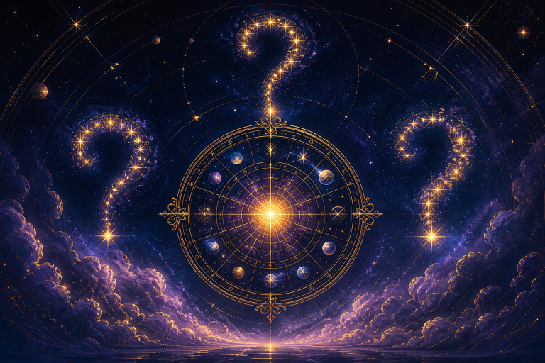 Horary Astroloji Üç Soru kapak görseli: üç soru sembolüyle çevrili merkezi ışıltılı horary haritası