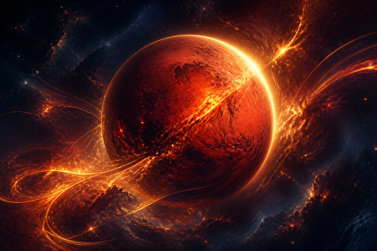 Mars ve Mars Burçlarda kapak görseli: eylem enerjisi saçan kızıl-altın Mars