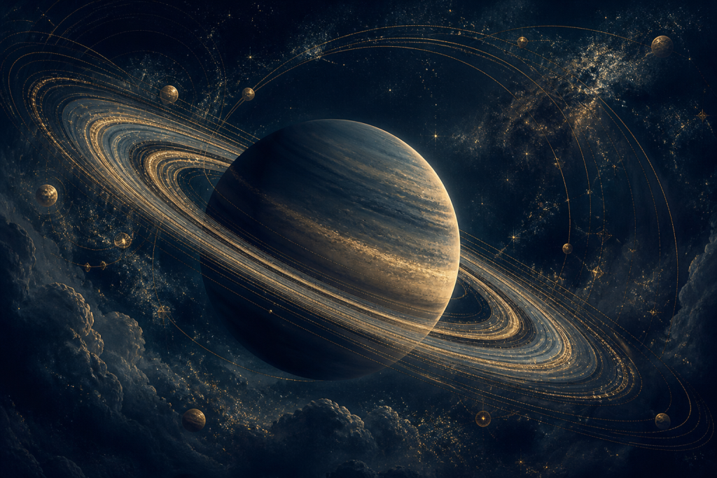 Satürn ve Satürn Burçlarda kapak görseli: yapısal ışık halkalarıyla Satürn