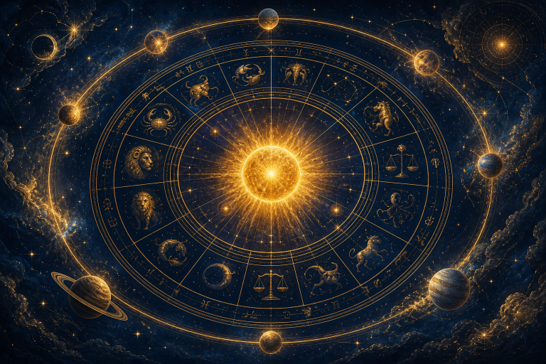 Solar Return Haritaları kapak görseli: doğum günü güneşi etrafında dönen yıllık harita çarkı